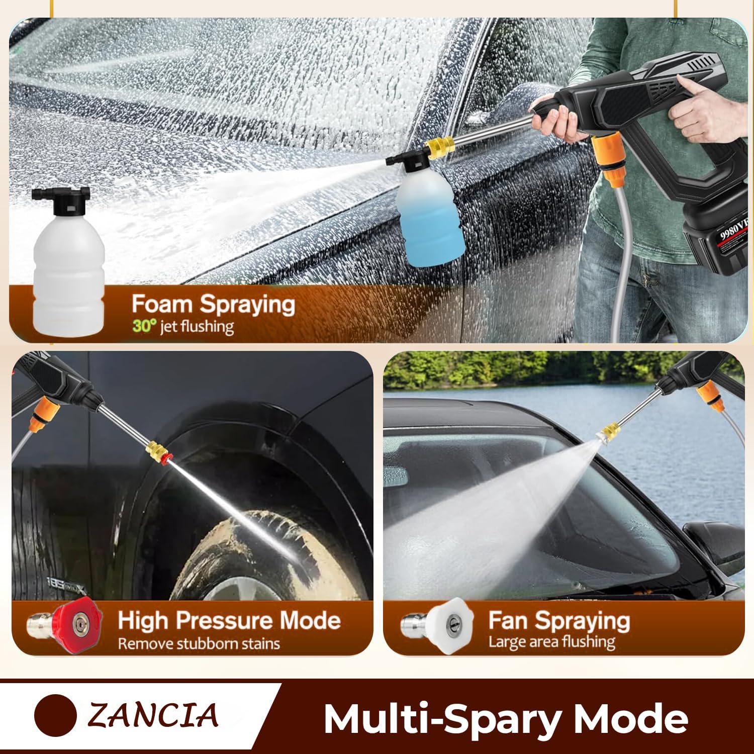 Cordless Car Washer High Pressure Gun - Car Washing 48V Rechargeable Electric Pressure Washer Gun Bike, Car Washing Pump, Portable Car Washer with Adjustable 3 in 1 Nozzle and 5M Pipe. Black GenzVybs